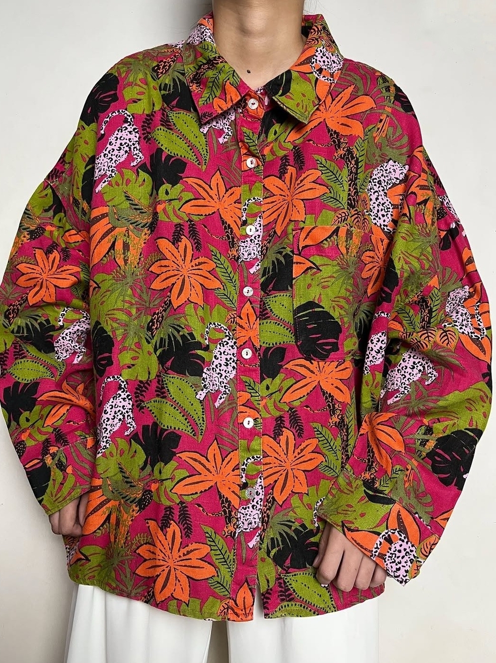 C&C California Bold Tropical Floral Button-Up Jacket in Pink, Orange & Green